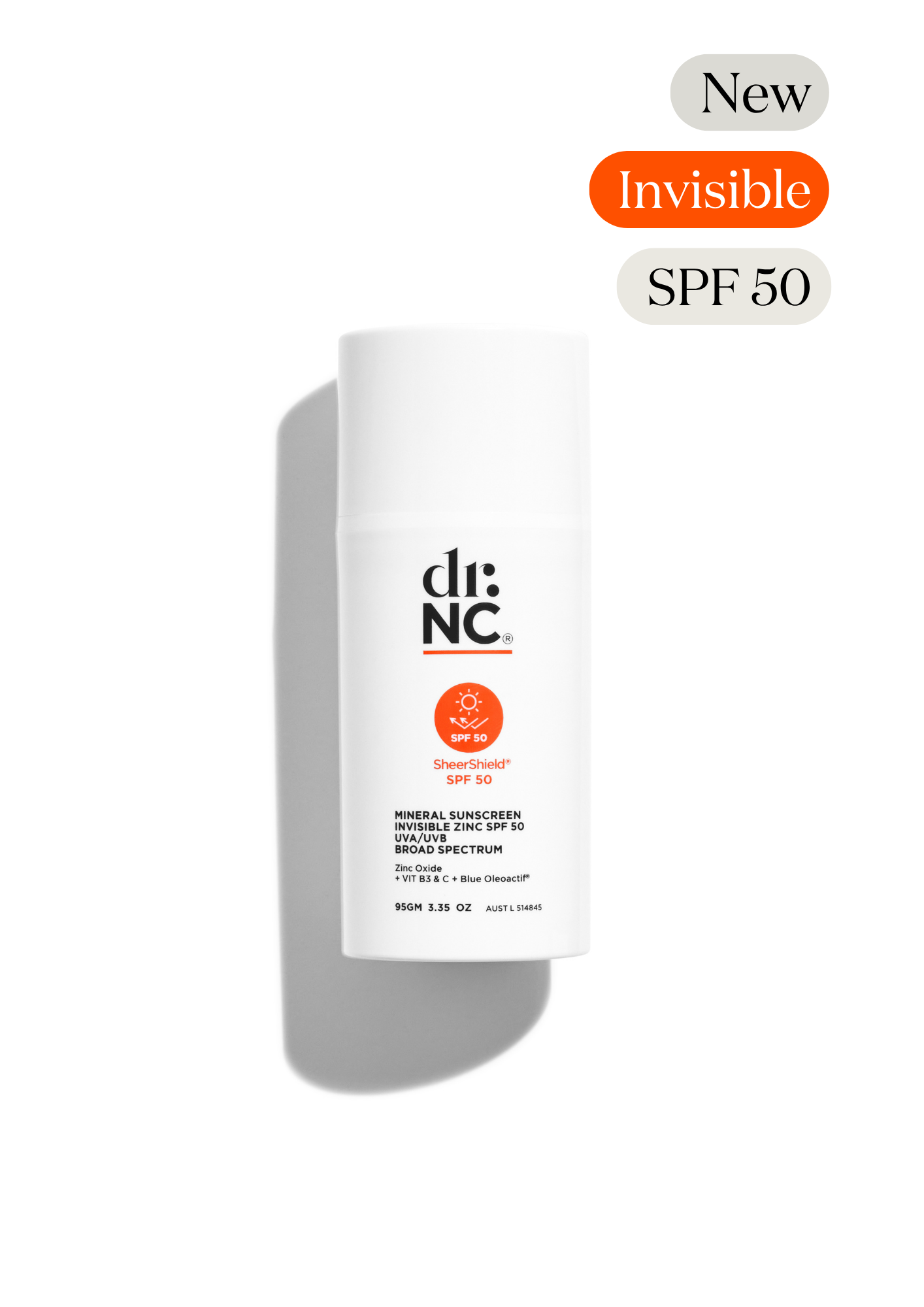 Dr. NC Invisible SPF 50 sunscreen bottle on a white background